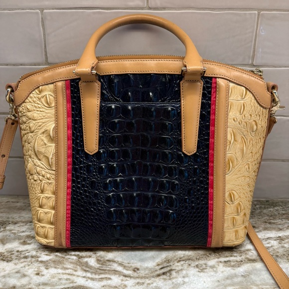 Brahmin Croc-Embossed Dome Satchel - Navy, Beige, Tan & Red Matching Wallet - Picture 8 of 16